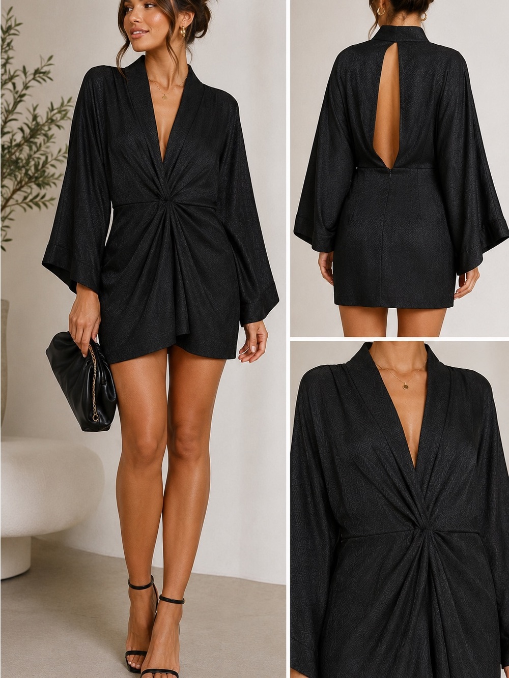 Black Mini Twist-Front Dress with Open Back